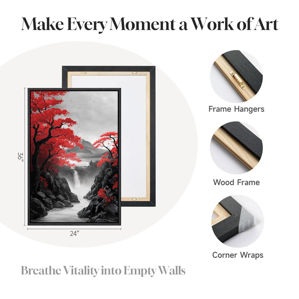 Large Framed Red Japanese Landscape Wall Art for Living Room (Red White / 24"L x 36"W)