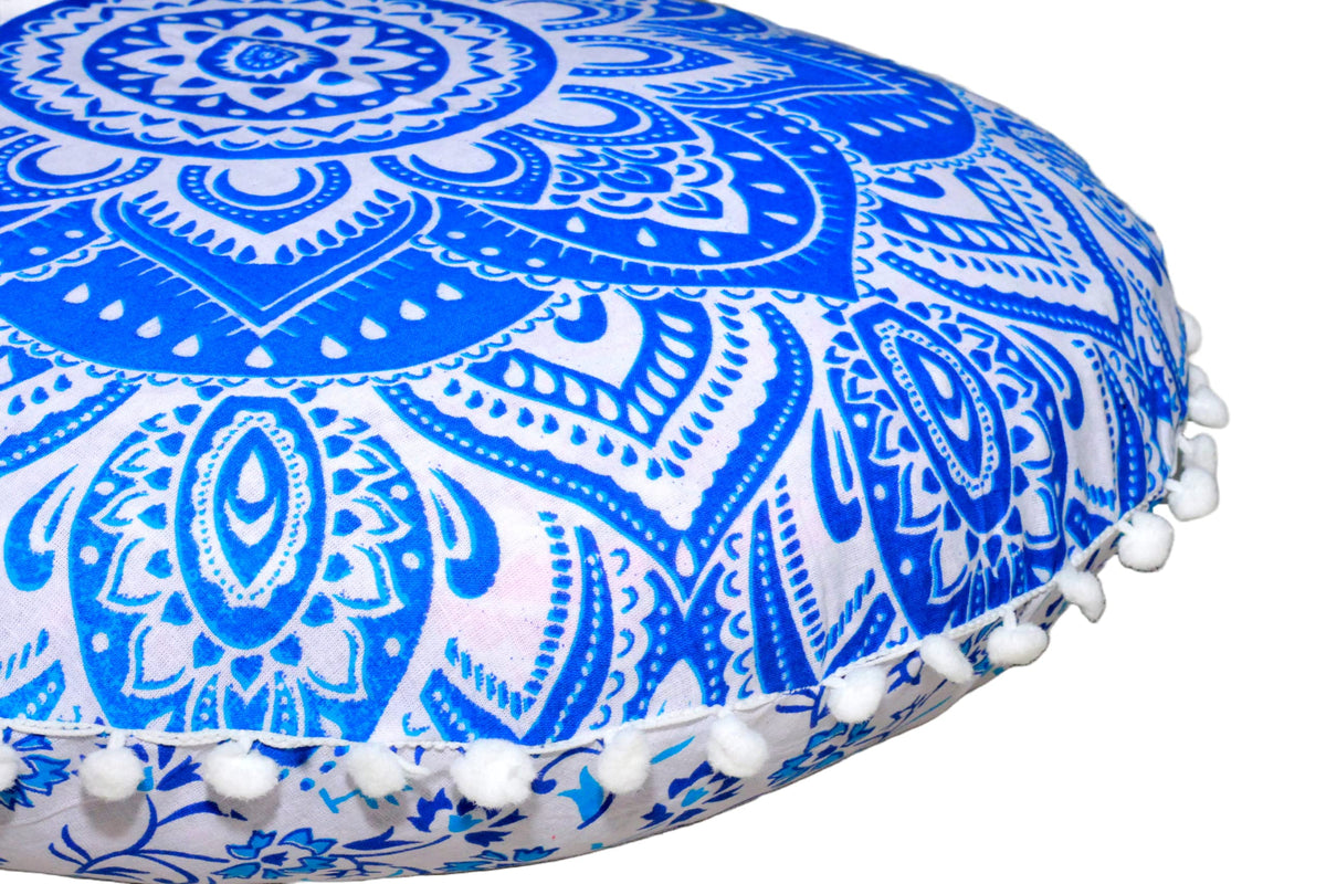 Round Mandala Floor Pillow Cover Seating Cushion Throw Cover Ottoman Pouf Cover Pom Pom Pillow Cases Hippie Decorative Bohemian Boho Indian 22 Inches (Blue White)