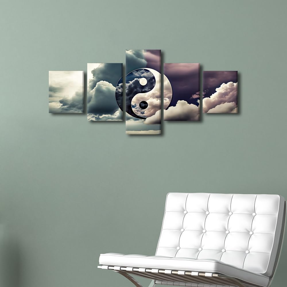 Canvas Wall Art Ethereal Yin Yang In Clouds Five Panel Framed Painting Modern Home Decor Asian Philosophy Wall Art Serene Bedroom Decor Ready to Hang 50" Wx24 H (50''Wx24''H / Artwork-11)