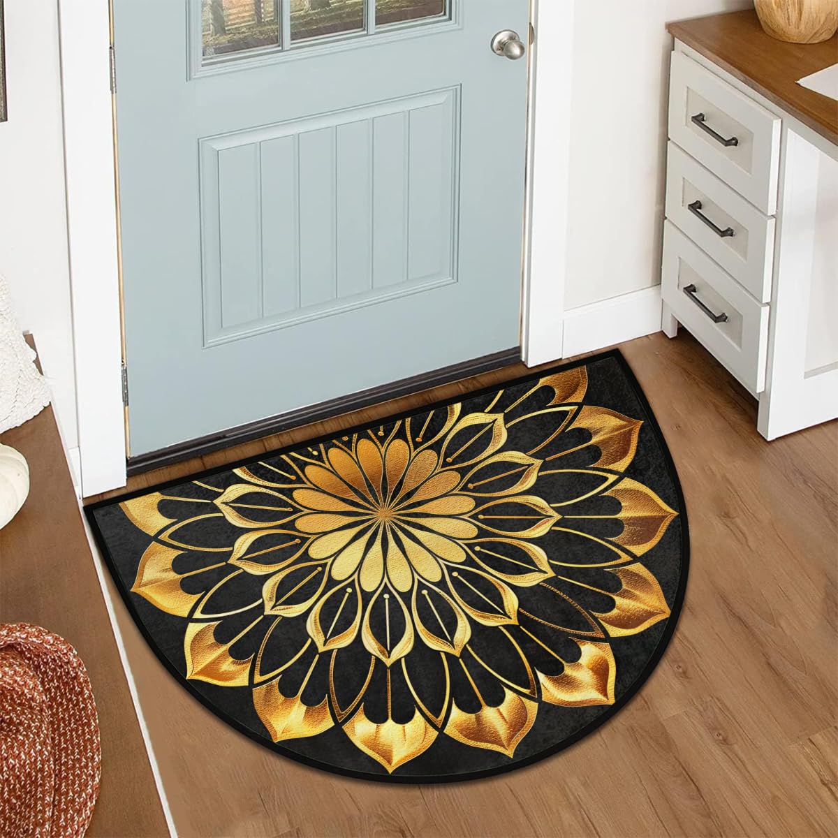 Half Round Doormat Mandala Ethnic Gold Florals Non Slip Half Circle Area Rugs Indoor Washable Half Moon Rug Semi Circle Bathroom Runner Mat Entrance Floor Carpet for Kithen Bedroom Fireplace Decor (C 07)