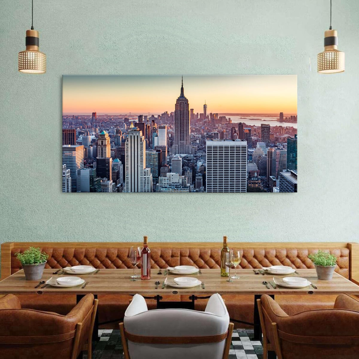 NYC Wall Art Manhattan Skyline at Night Painting Prints Sunset New York City Wall Decor Modern Building Skyscraper Picture USA Downtown Panoramic Artwork for Office Bedroom Home Decoration 30x60" (57.8"L x 30"W / New York)