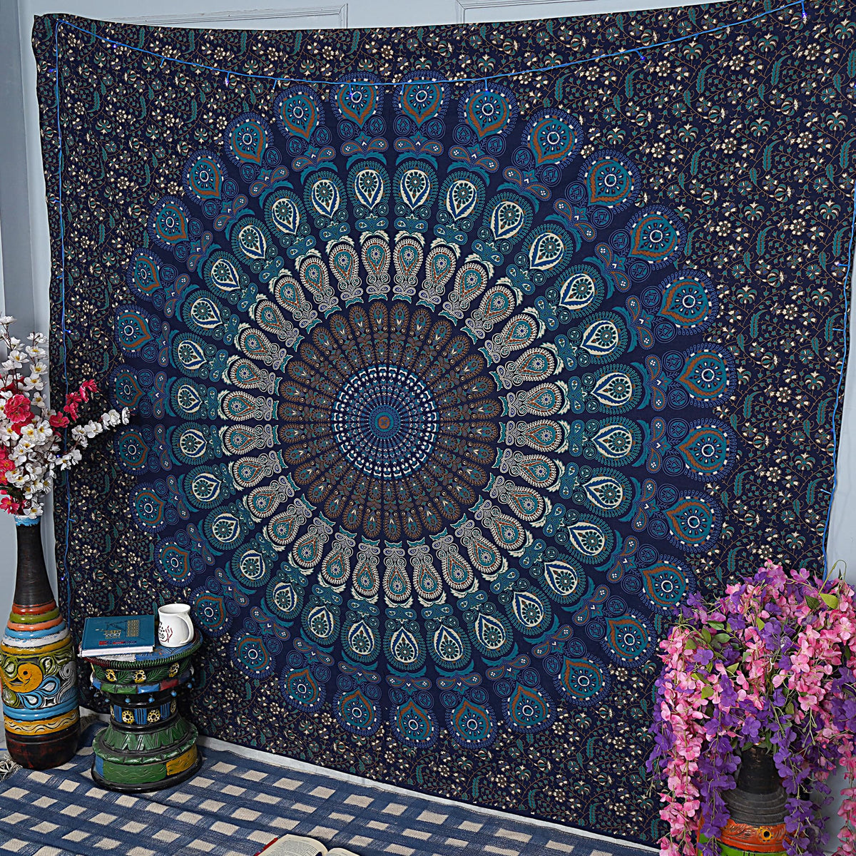 Handmade Cotton Peacock Mandala Tapestry (60"L x 50"W / Navy Blue)
