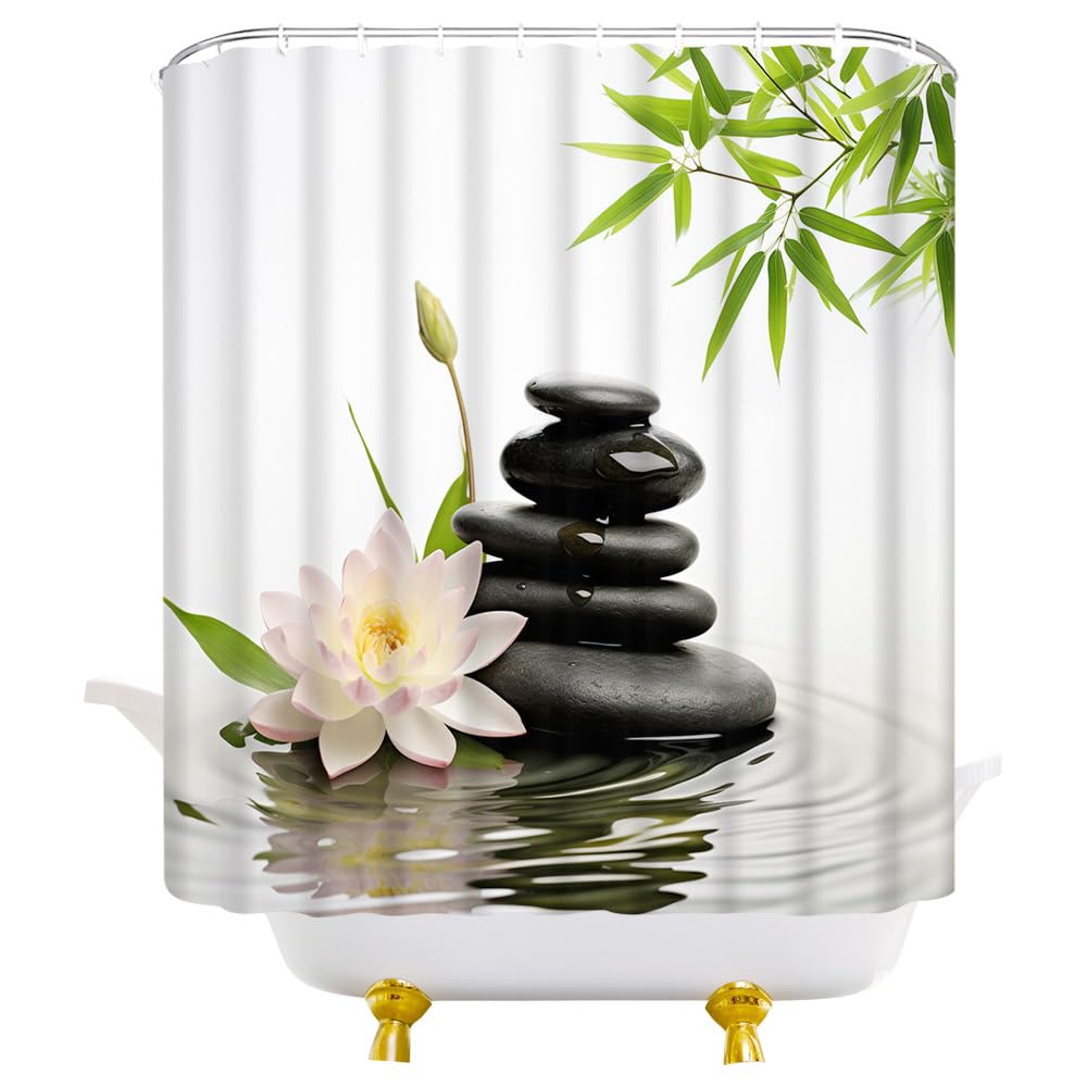 Japanese Shower Curtain Zen Stone Spa Lotus Floral Bamboo Leaves Meditation Relaxing Aesthetic Minimalist Fabric Bathroom Decor Curtains with Hooks (Black White / 35"W x 70"L (Pack of 1))