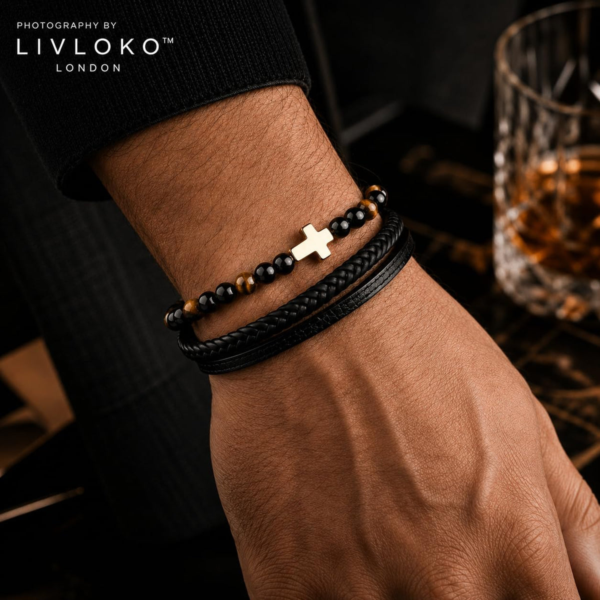 Mens Cross Bracelet Leather Black Multi (E. Black Brown Tiger-Eye Cross Adjustable / 8 IN (Fits Most Men))