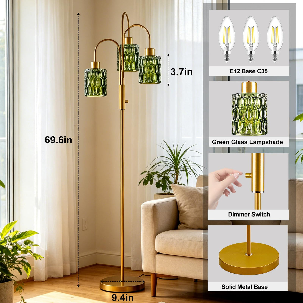 Green Glass Floor Lamp 3 (Green Cylinder-Gold)