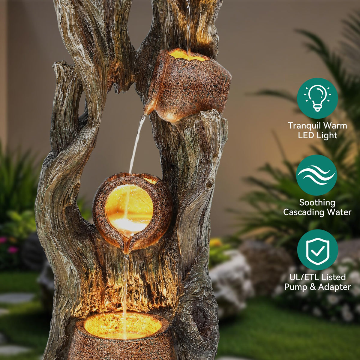 42.7" 3 Tier Outdoor Water Fountain LED Tree Trunk Jar Waterfall (43"h Weathered Trunk)