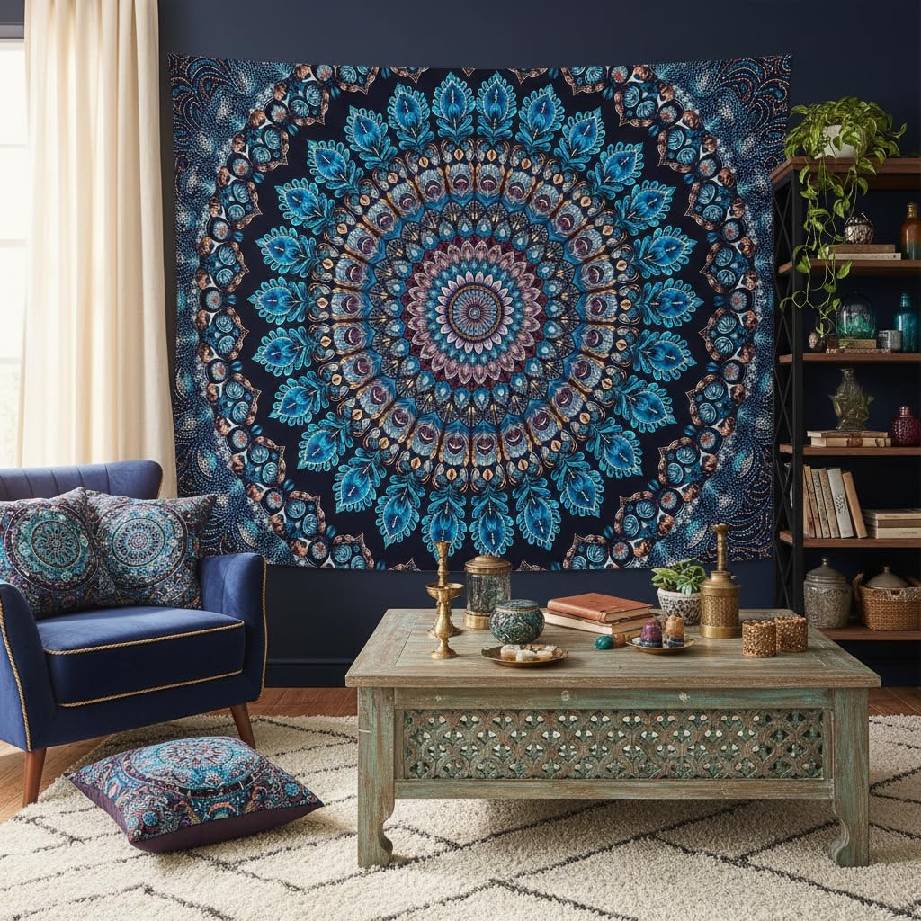 Blue Mandala Tapestry Wall Hanging Vintage Medallion Tapestry Aesthetic Hippie Boho Floral Cool Cute Small Tapestries for Bedroom Living Room Dorm Decor 60 x 44 Inch (Bohemian / Navy Blue / 60"L x 44"W)