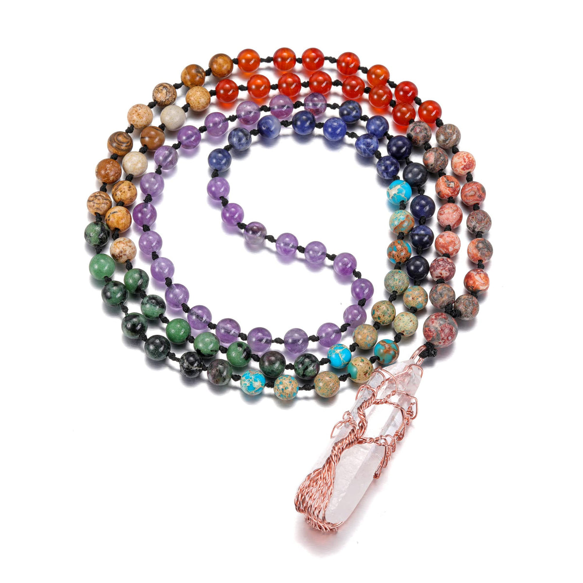 Natural 7 Chakra 108 Mala Prayer Beads Necklace with Reiki Clear Quartz Tree of Life Healing Crystal Pointed Pendant Multilayer 6mm Gemstone Beads Men Women Jewelry for Meditation (Clear Quartz)