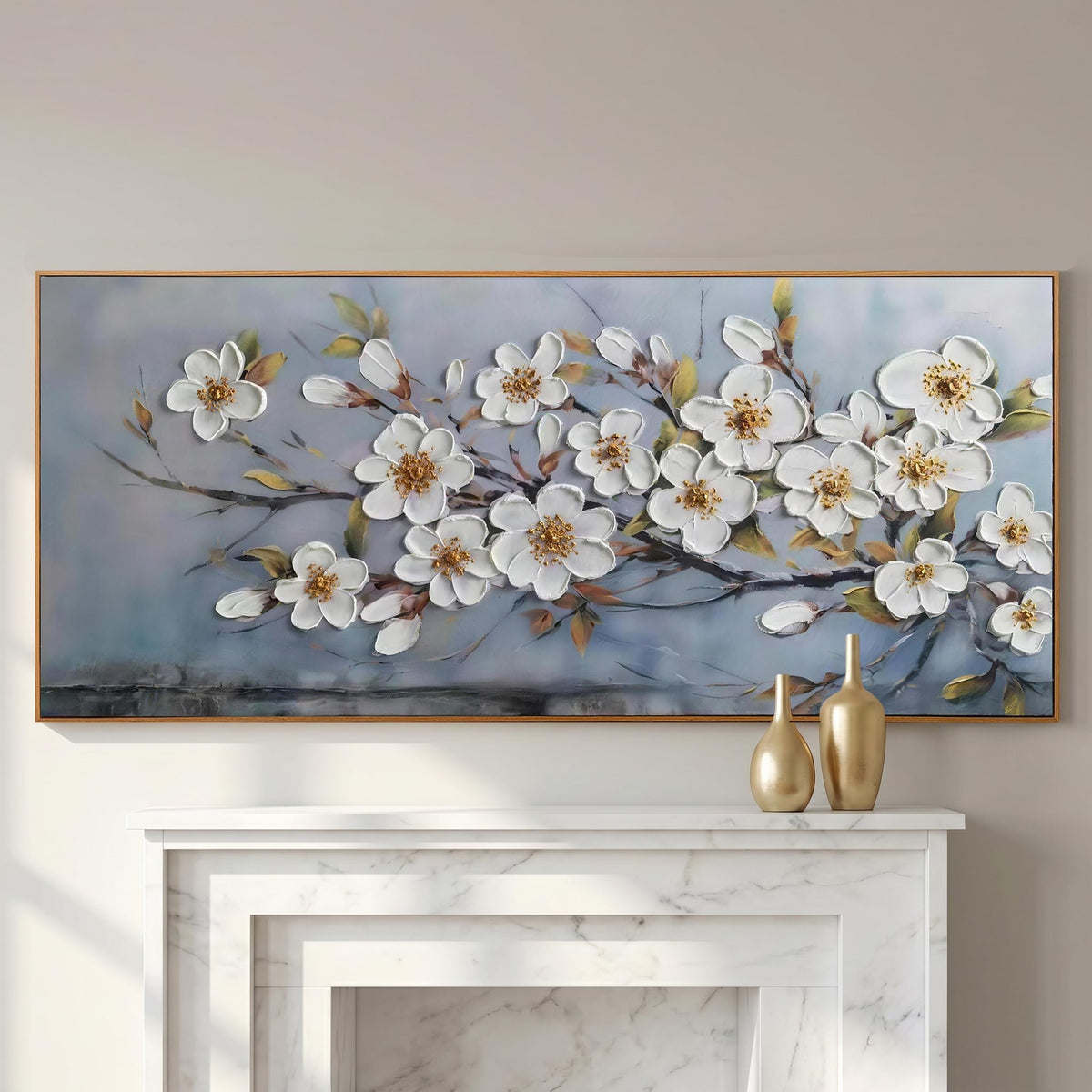 Framed Large Textured Canvas Wall Art for Living Room (White Flowers / Wood Framed / 71"L x 32"W)
