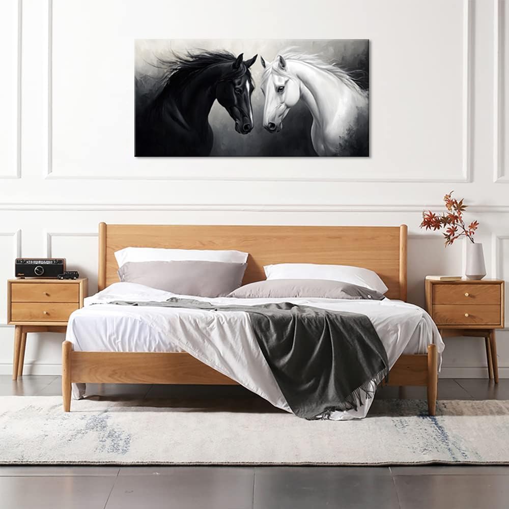 Multicolor Oil Painting Two Horses Wall Art for Living Room Office Classical Art Equine Portrait Painting Prints Vintage Canvas Artwork Dining Bedroom Decor Extra Large (Abstract / Black White Two Horses Wall Art / 58"L x 28"W)