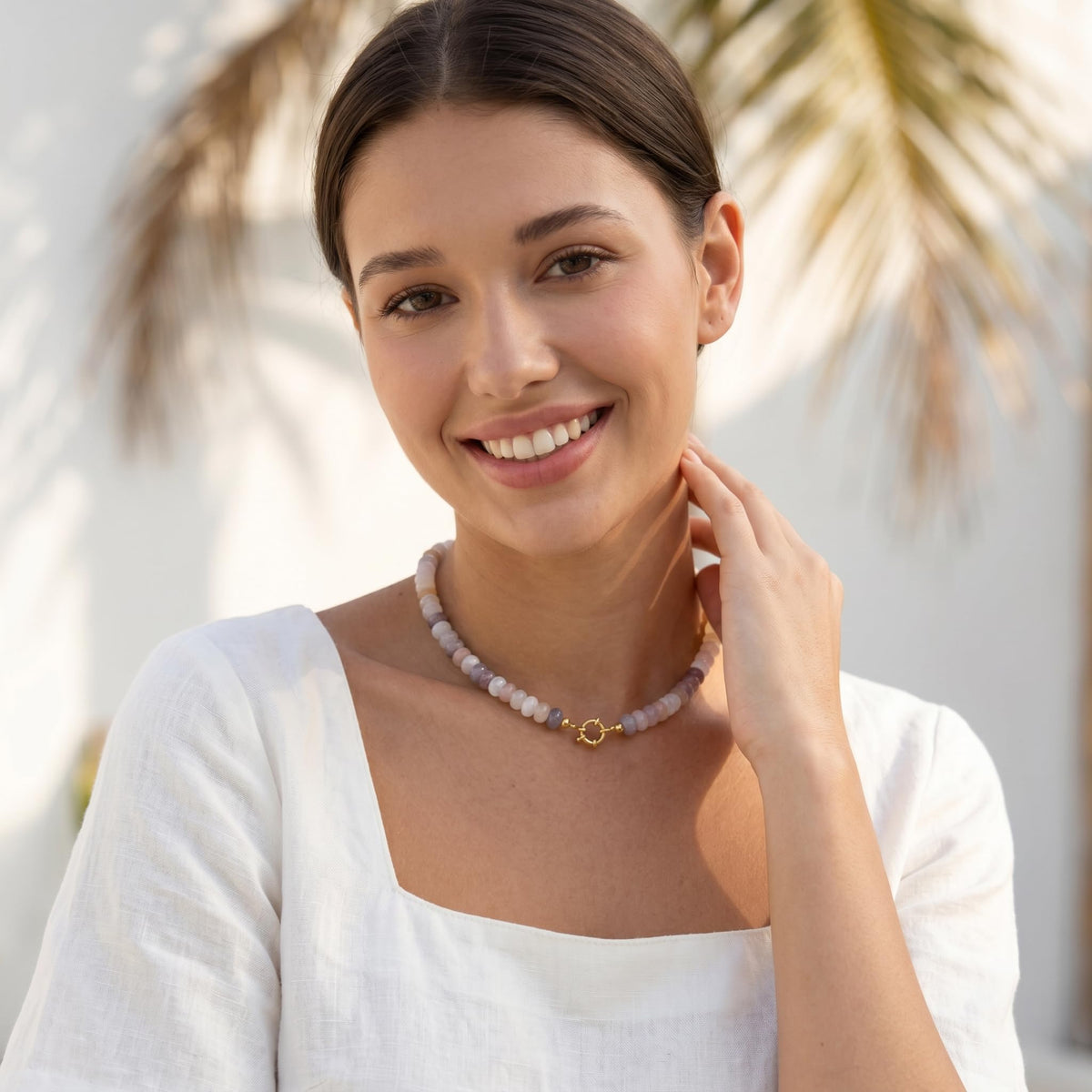 Natural Stone Beaded Choker Necklace for Women (Low saturation gradient color)