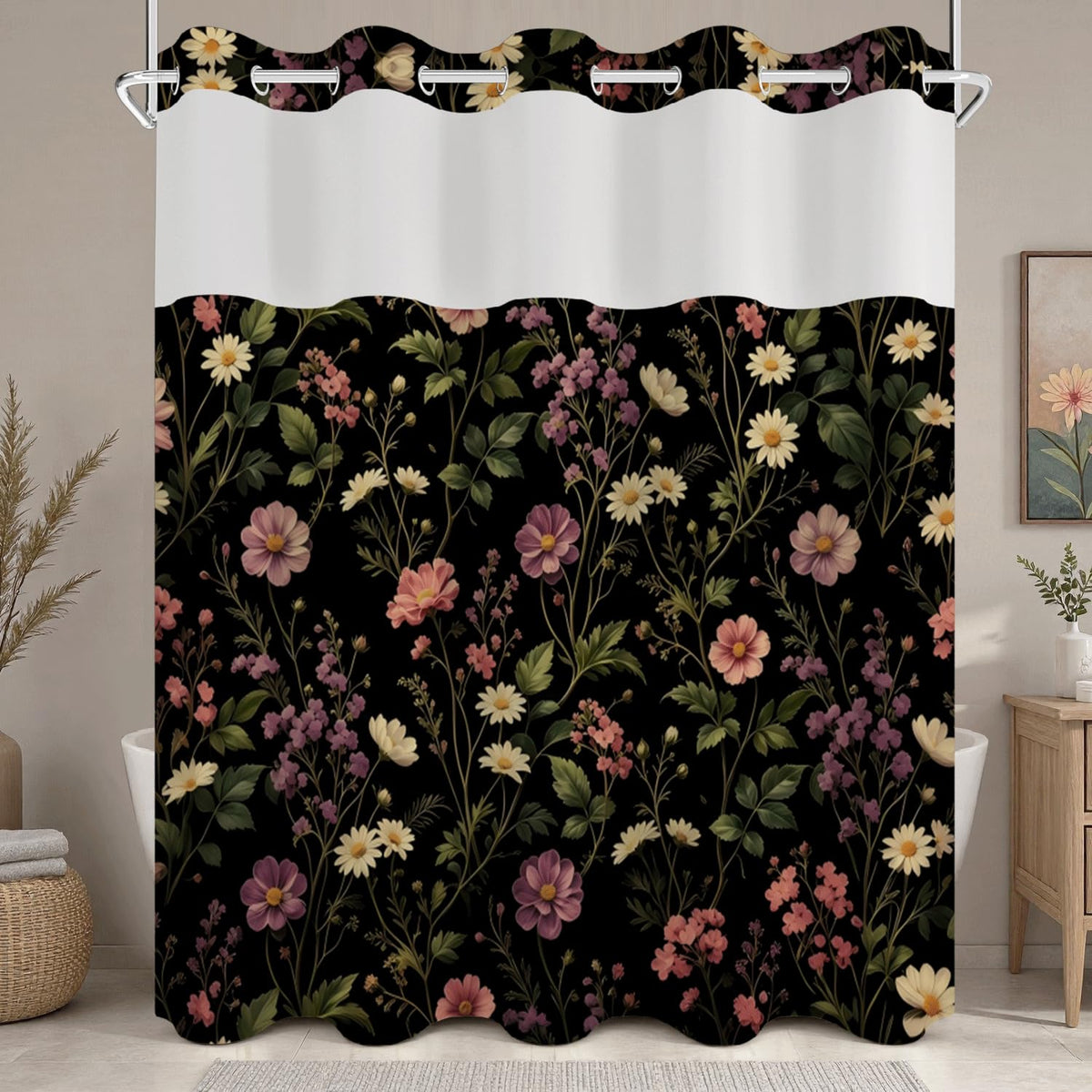 Dark Botanical & Flower Shower Curtain with Snap in Liner Set (Dark Floral-b)