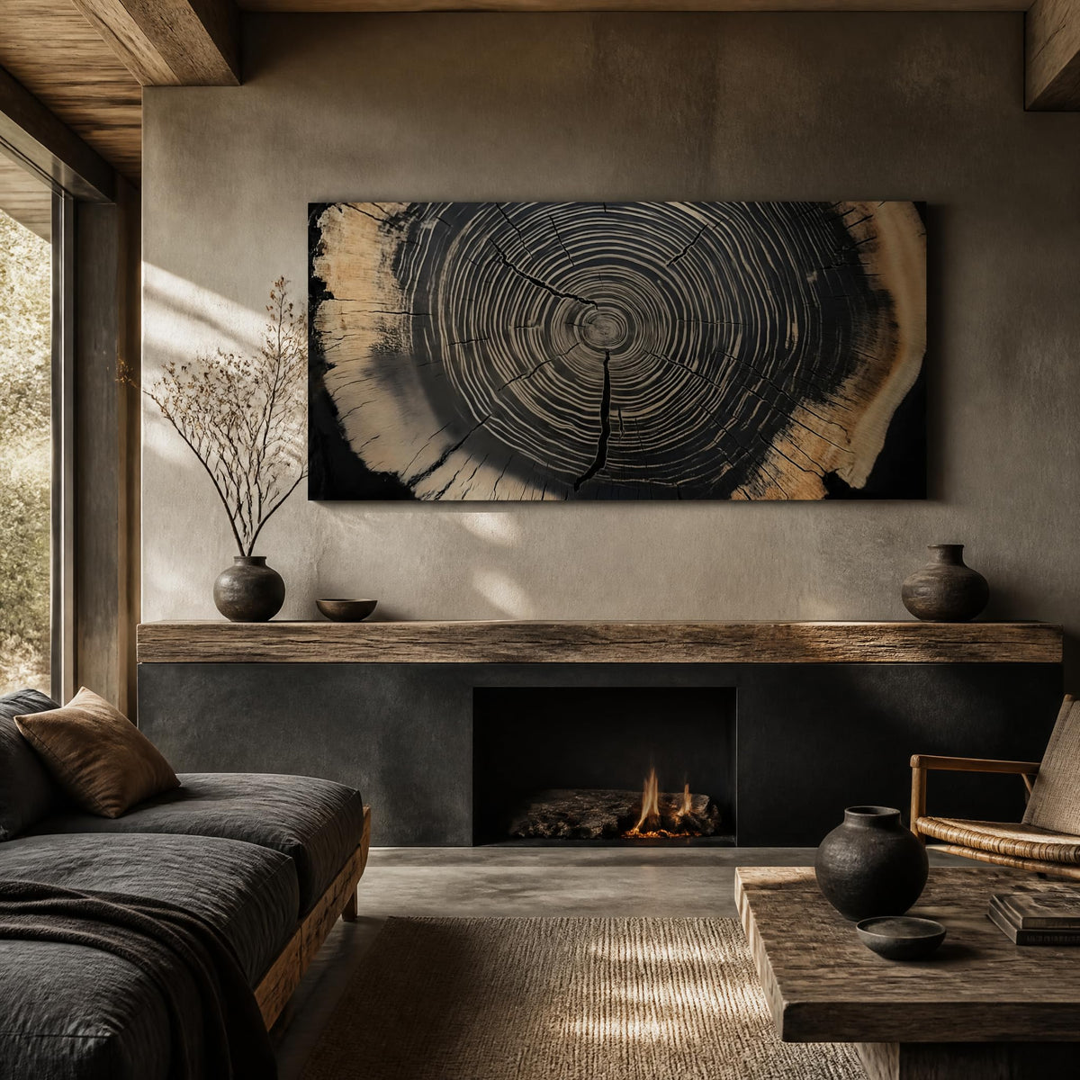 Rustic Tree Ring Canvas Wall Art Modern Wood Slice Cross Section Painting Flat Print Gallery Wrapped Nature Artwork for Living Room Bedroom Bathroom Decor (Wildlife / Black Tree Rings 37 / 40"L x 20"W)