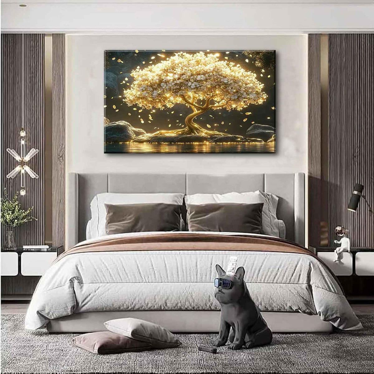 Large Tree of Life Canvas Wall Art Abstract Gold Tree Mountain Lake Decor painting Pictures Nordic Golden White Flowers Posters Prints for living room Bathroom Bedroom Office Hallway Home Decoration (Tree / 36"L x 24"W)