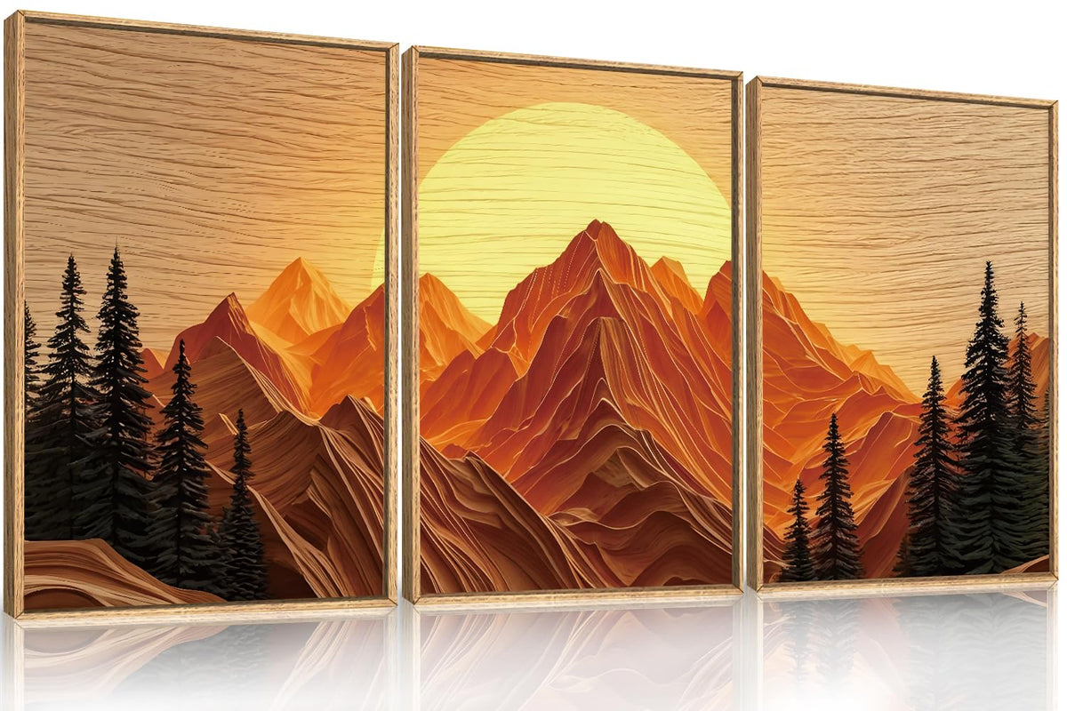 Large Boho Golden Mountain Framed Canvas Wall Art Set (Sun Mountain Wall Art / 16"L x 24"W)