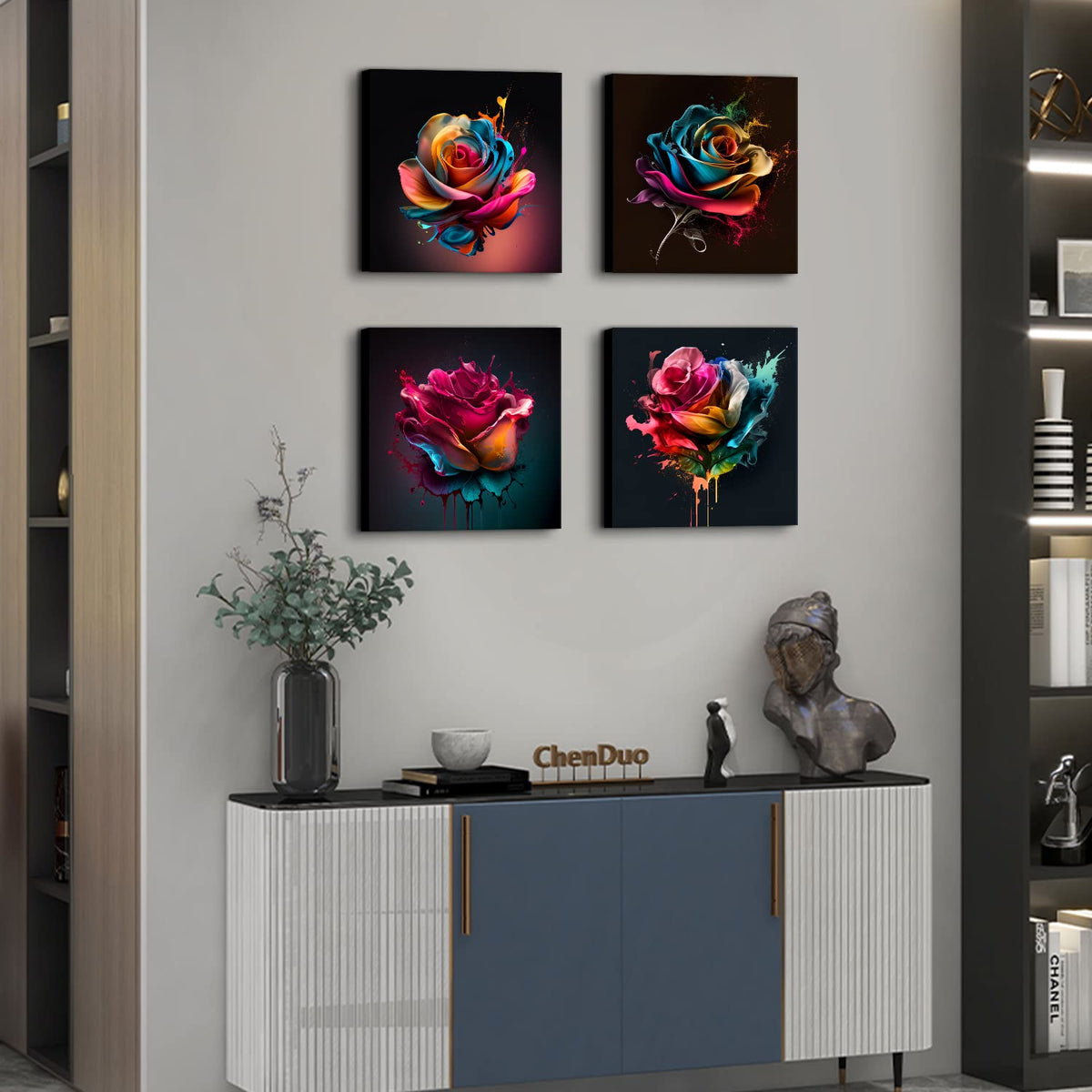 Colorful Rose Wall Art Abstract Graffiti Rainbow Flower Canvas Prints Pictures Bedroom Decor 12x12" 4 Pcs Modern Watercolor Black Background Paintings Artwork for Living Room Bathroom Home Decorations (12"L x 12"W / Colorful Rose)