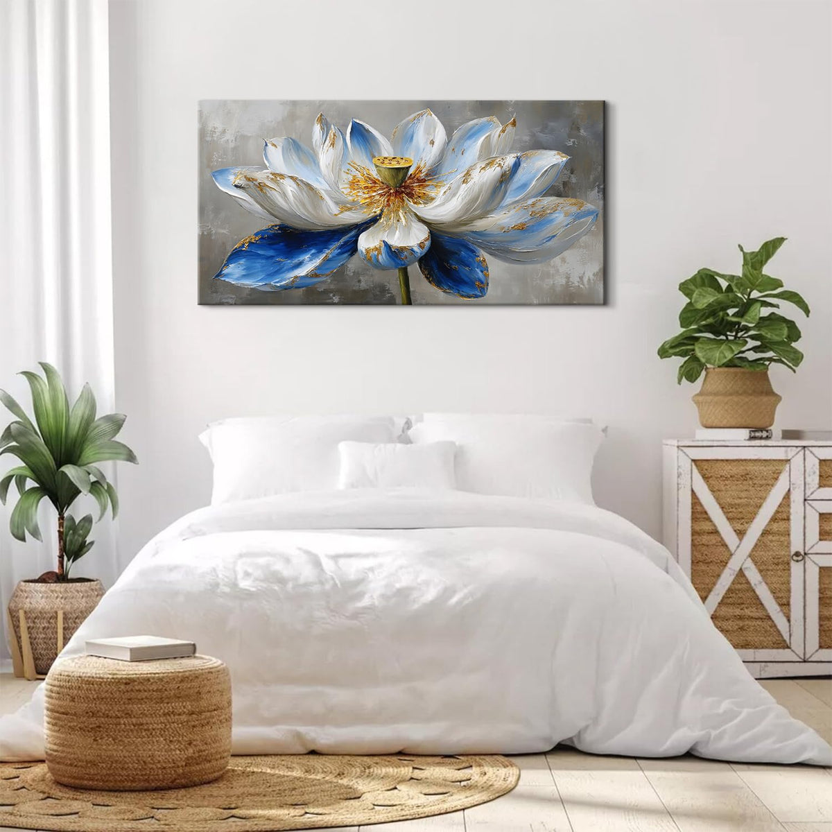 Zen Wall Art Abstract Lotus Wall Decor for Boho Bedroom Spiritual Meditation Paintings Picture Minimalist Blue Flowers Canvas Prints Watercolor Floral Artwork for Living Room Office Decorations 30x60" (60"L x 30"W / BLotus)