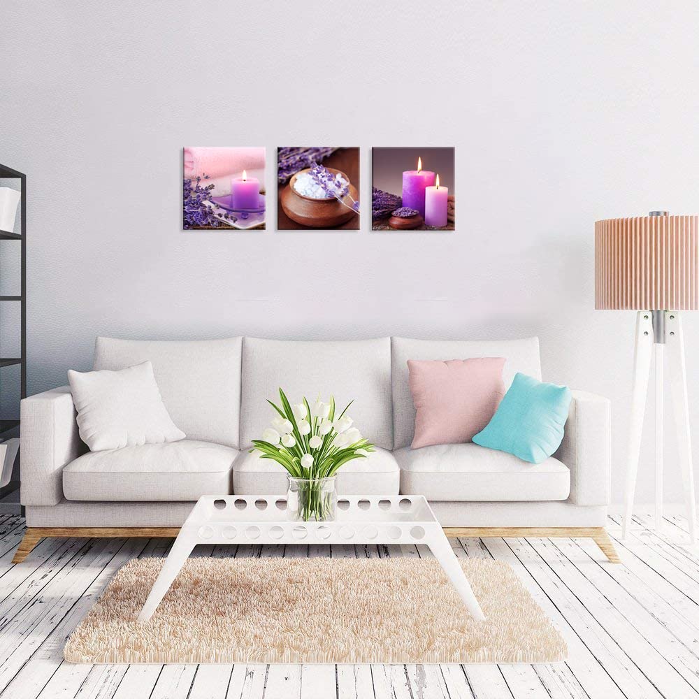 Zen Canvas Wall Art Spa Still Life with Purple Aromatherapy Candles and Zen Stone Aroma Lavender Flower Painting Pictures Print on Canvas Ready to Hang for Bathroom Decoration (14X14inchX3pcs / aromatherapy)