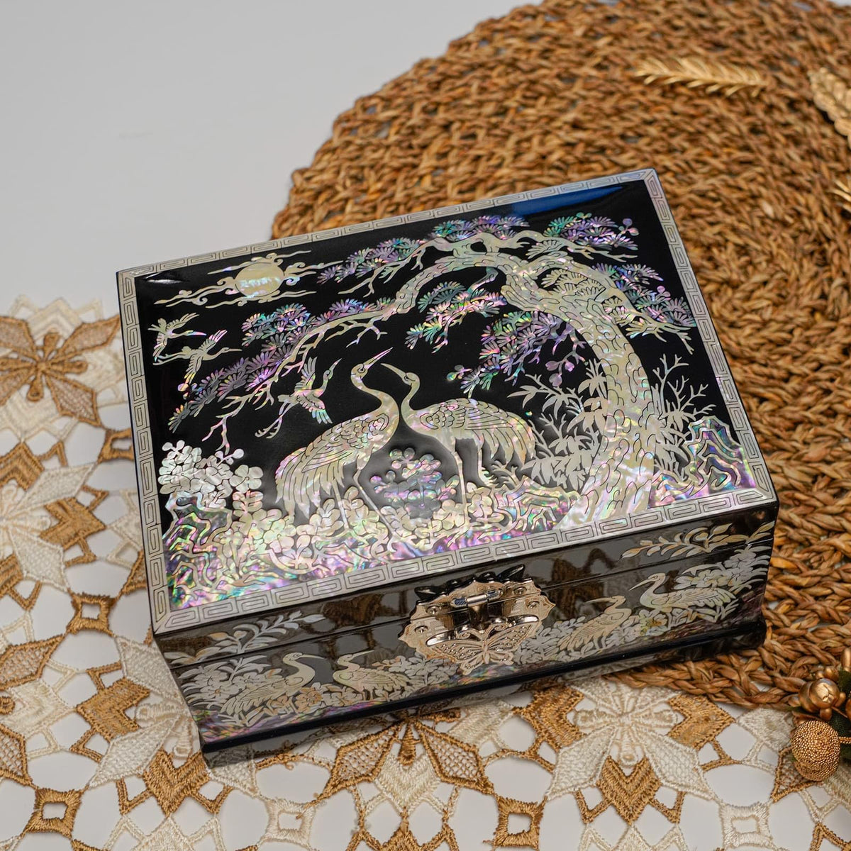 Mother-of-Pearl Crane Jewelry Box | Wooden Make | Two-Layer Velvet Interior | Mirror Lid | Lacquer Finish | Handmade Korean Art | Valentine’s & Mother’s Day Gift (Crane)