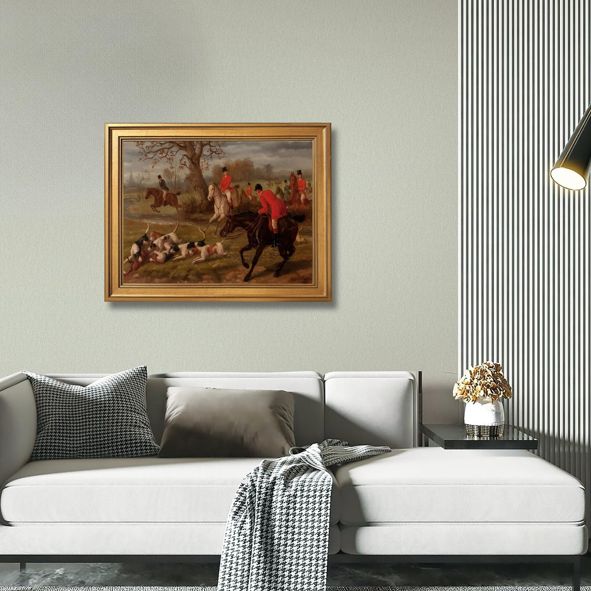 Gold Framed Vintage Equestrian Fox Hunting Wall Art Classic 19th Century Sports Oil Painting Reproduction Posters Antique Horseback Scene Pictures Rustic Country Canvas Prints Home Decor 8x10inch (8"L x 10"W / Hunting)