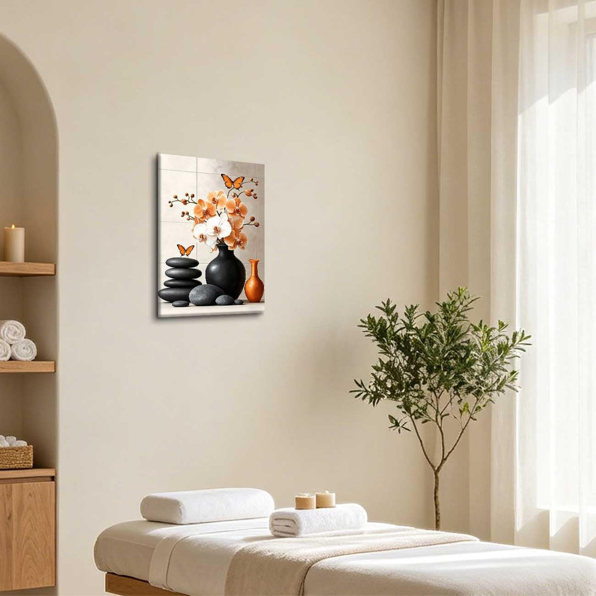 Orchid Flower Canvas Wall Art Zen Bathroom Pictures Prints Spa Stone Butterfly Wall Decor Black White Yoga Meditation Paintings for Living Room Bedroom (Orange / 42"L x 28"W)