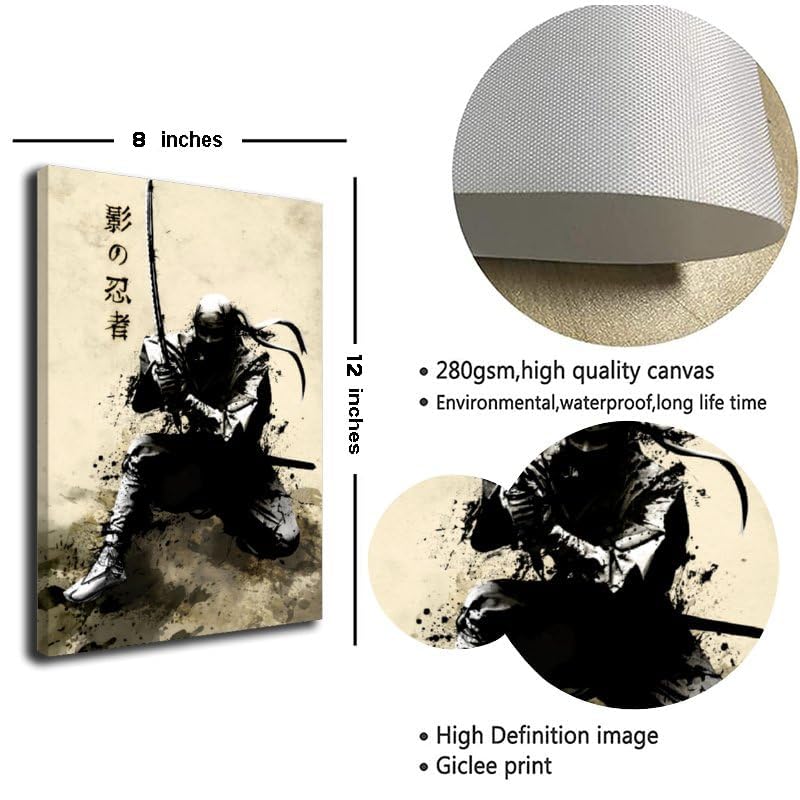 Japanese Samurai Shadow Canvas Painting Wall Art Japanese Style Posters And Prints Retro Pictures Living Room Bedroom Decor Framed 8"X12" (12"L x 8"W / Frame-4)