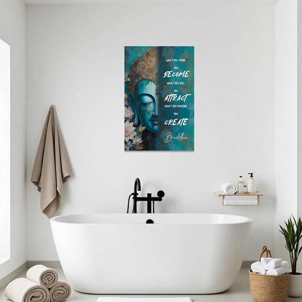 Buddhist Motivational Wall Art Buddha Quotes Canvas Pictures Zen Bathroom Painting Spa Artwork Prints for Yoga Room Office Decor Framed (Teal / 12" x 18")