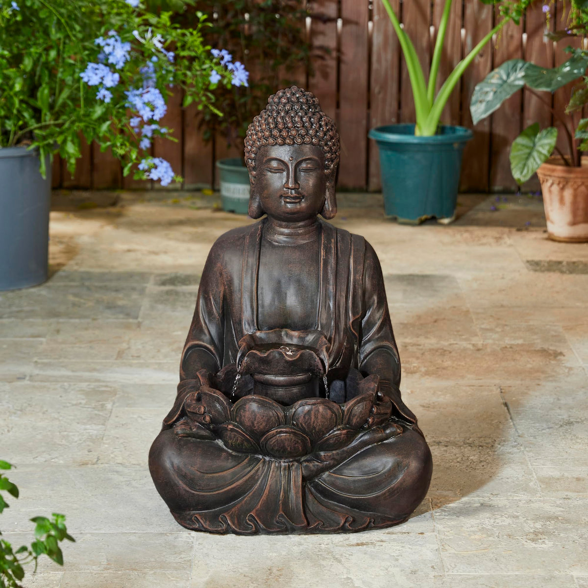 Buddha Fountain with Pump & LED Light (Bronze Buddha W/Lotus Leaf&flower Basins / 28.25"H)