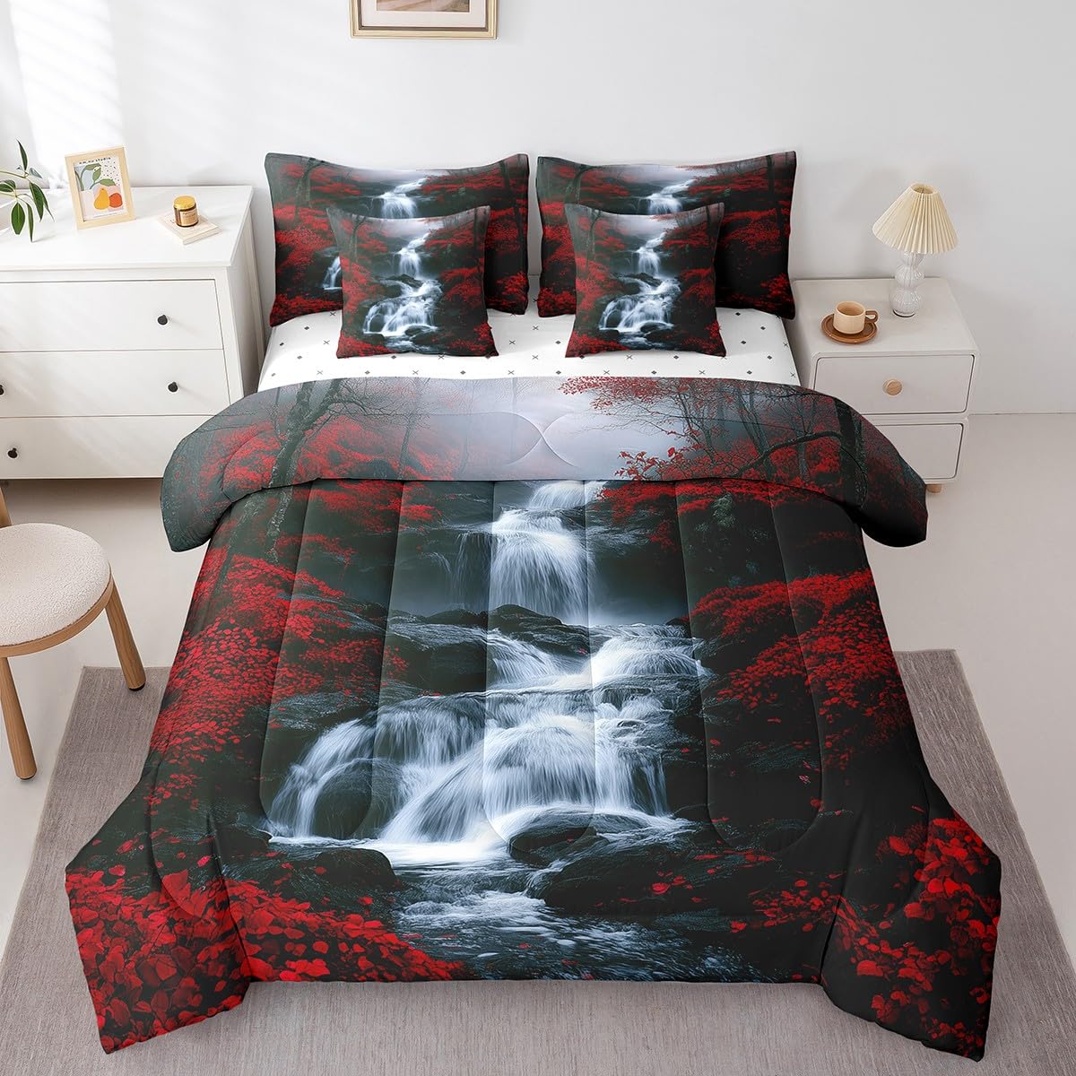 Waterfall Comforter Set Full Size 7 Piece for Boys Girls Teens (White and Red / Full)
