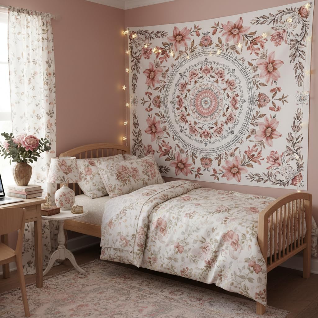 Pink Floral Tapestry Wall Hanging Boho Mandala Medallion Tapestry Aesthetic Watercolor Flower Cute Large Tapestries for Bedroom Living Room Dorm Decor 80 x 60 Inch (Bohemian / Light Pink / 80"L x 60"W)