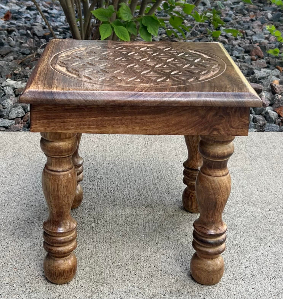 Solid Mango Wood Hand Carved Puja Shrine Altar Meditation Table (12 X 12 X 12 Inches / Flower of Life)