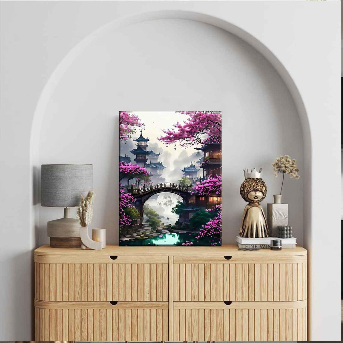 Eastern Zen Cherry Blossom Canvas Wall Art Japanese Ancient Architecture Decor Painting Picture Tokyo Anime Scene Posters Prints for Living room Hotel Bedroom Study Home Decoration (Japan / 16"L x 12"W)