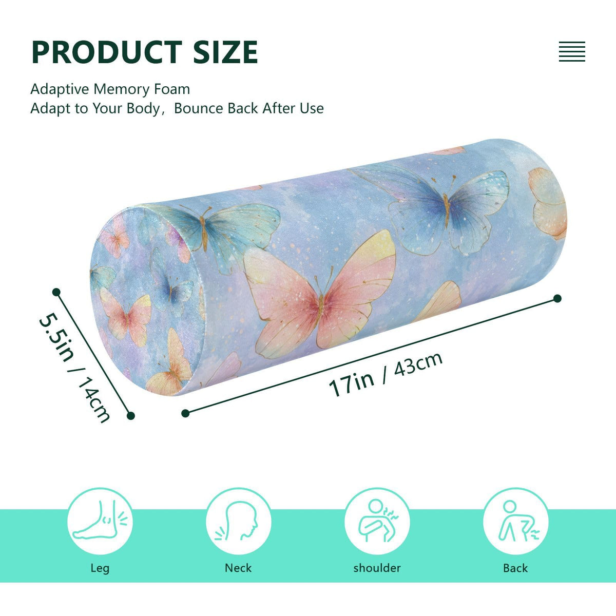 Neck Roll Pillow Bolster Pillows Round Health Memory Foam Long Cervical Cylinder Body Removable Washable Cover Bed Legs Back Yoga Butterfly Blue Pink (Butterfly 28)