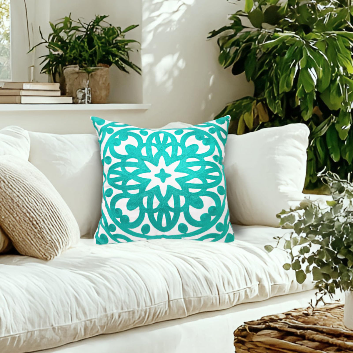 Summer Embroidered Throw Pillow Cover 18"x18" Set of 2 (Turquoise / 18" x 18" (Pack of 2))