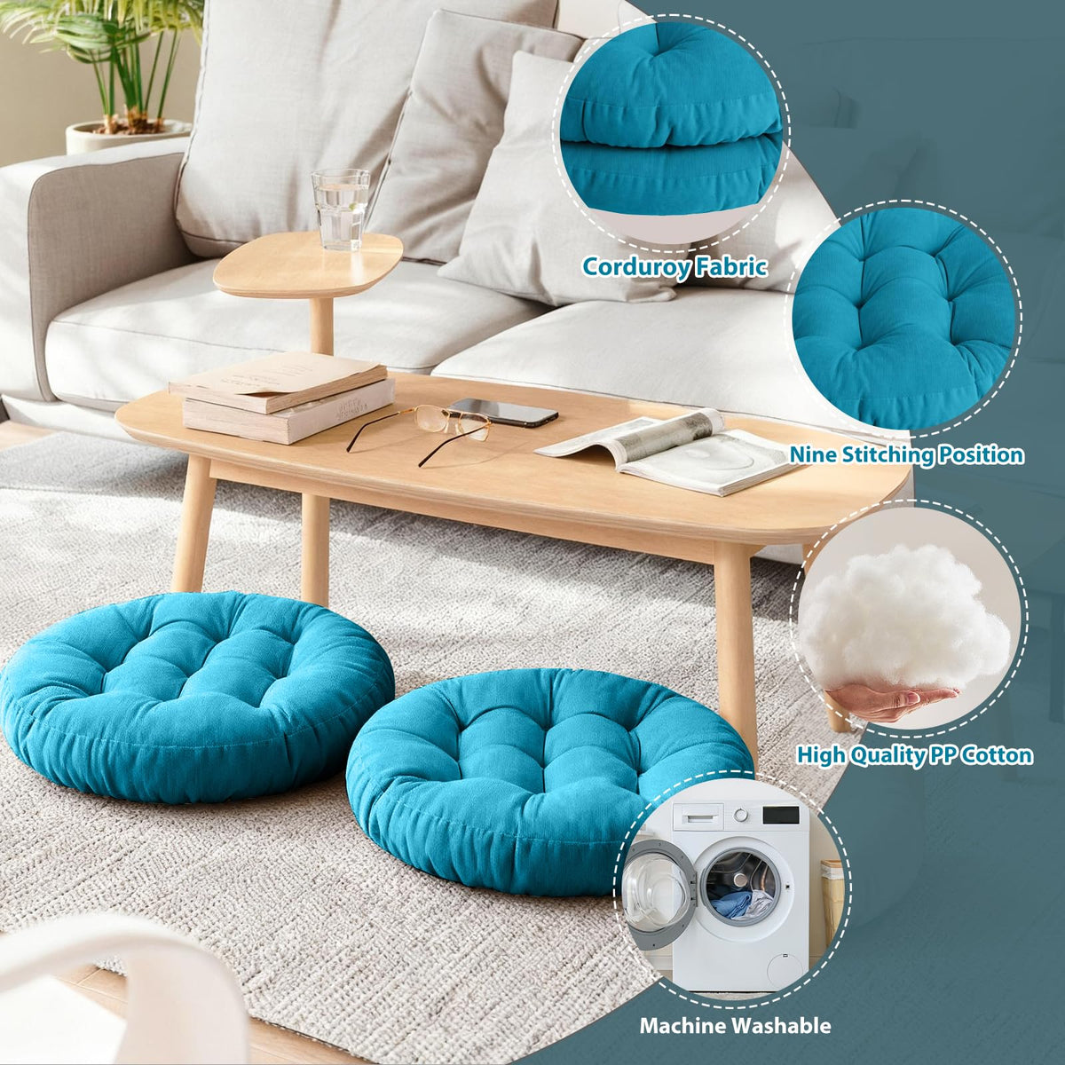 22 Inch Floor Cushion (Round|blue / 2 Count (Pack of 1))