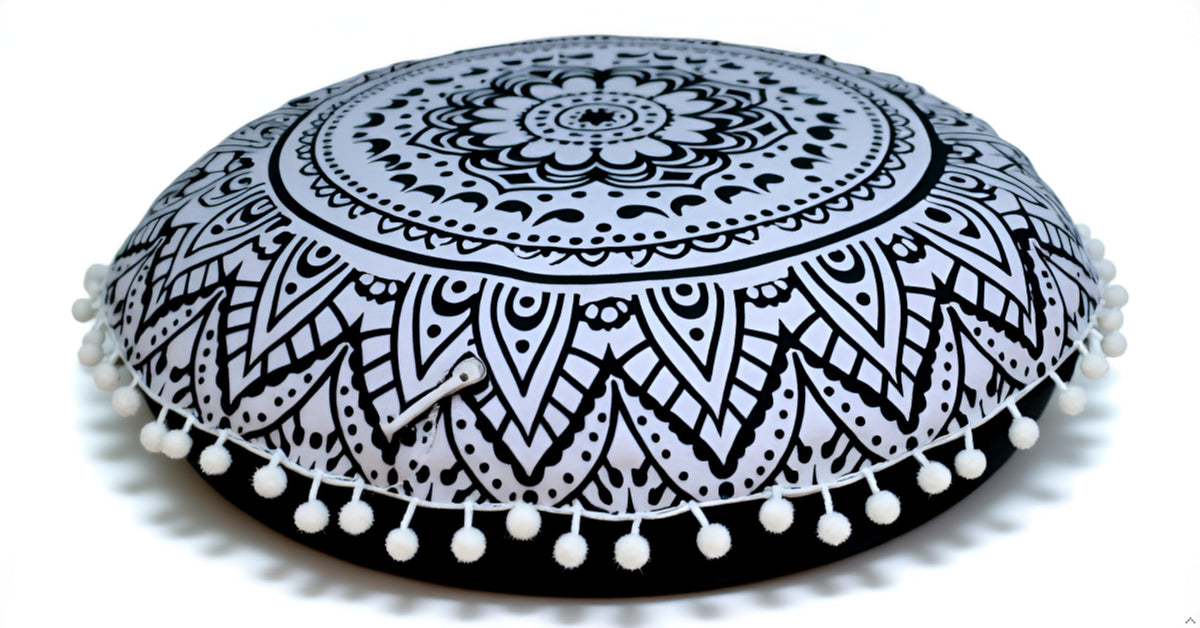 32" Large Round Bohemian Floor Pillow Cover Boho Pouf Cover Mandala Meditation Room Pillows Cover Adults Seating Poufs Cushion Cover for Kids Reading Playroom Black Flower (Black Flower)