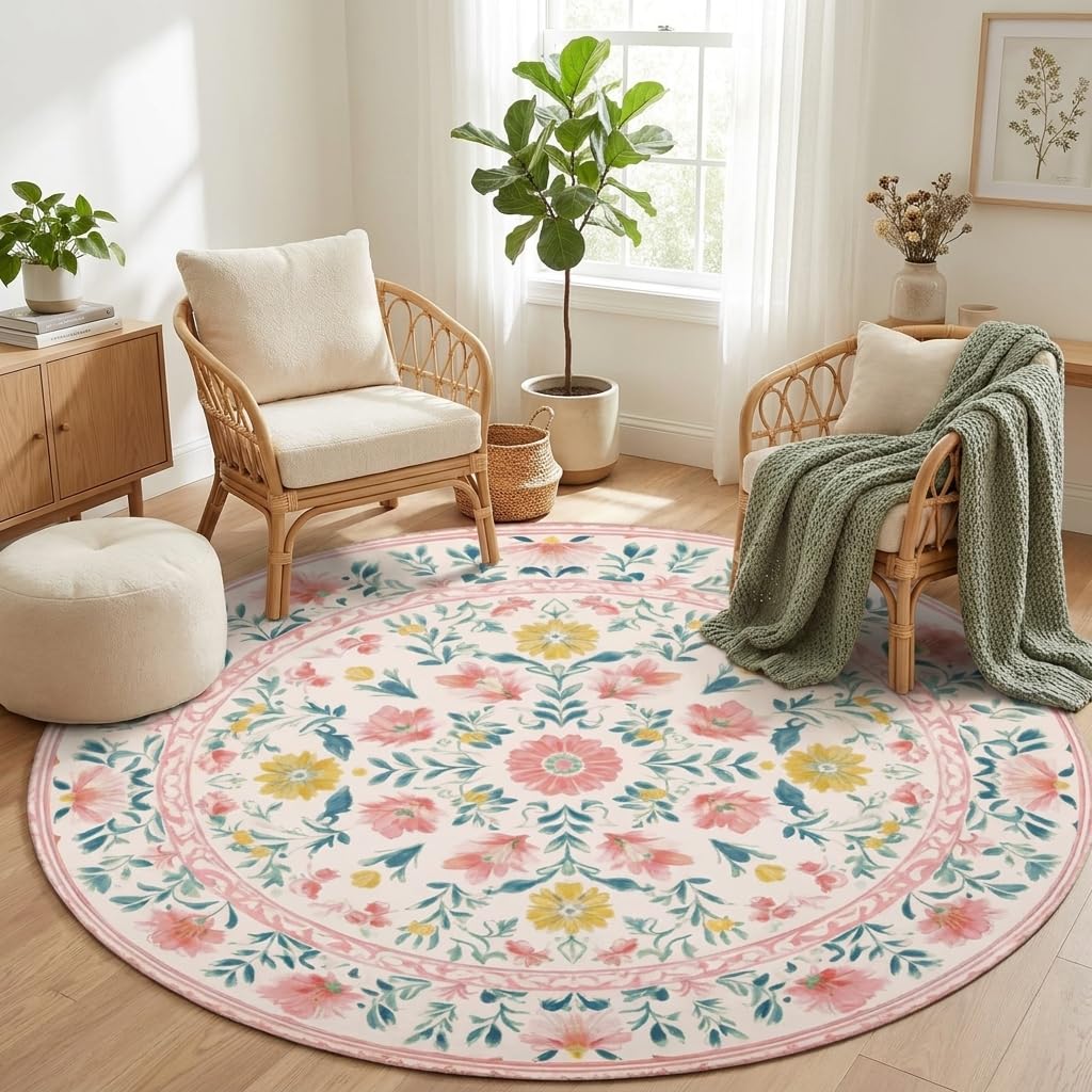 Boho Floral Round Area Rug 4ft (Daily-floral Pink B / 4' (Round))