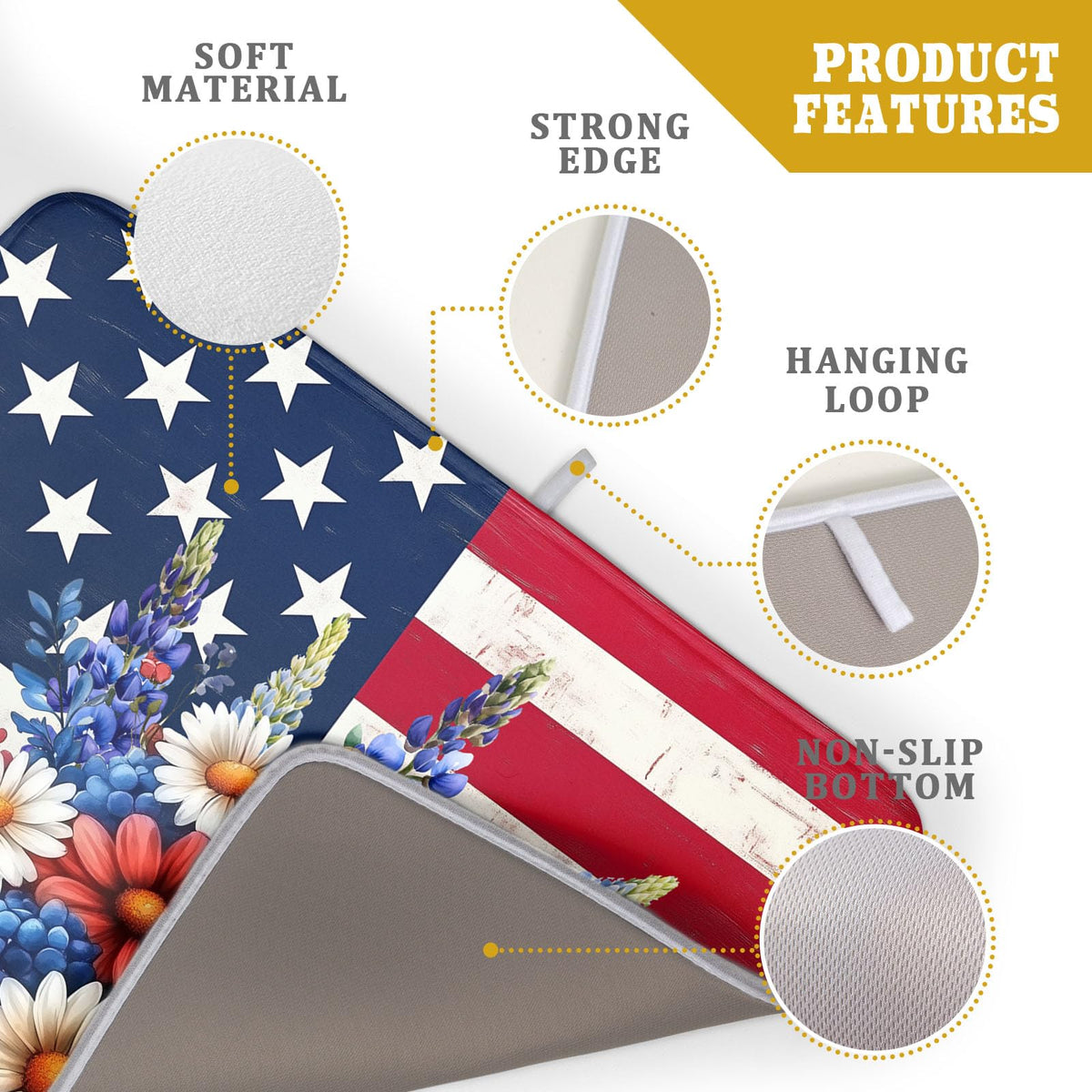 4th of July Patriotic Flower Dish Drying Mat for Kitchen Counter (Patriotic Flower / 18" x 24")