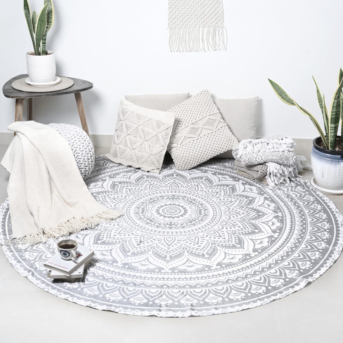 Ombre Mandala Tapestry Silver for Beach Towel Boho Bohemian Room Decor Cotton Tapestries 48 Inch (Silver / 48"L x 48"W)
