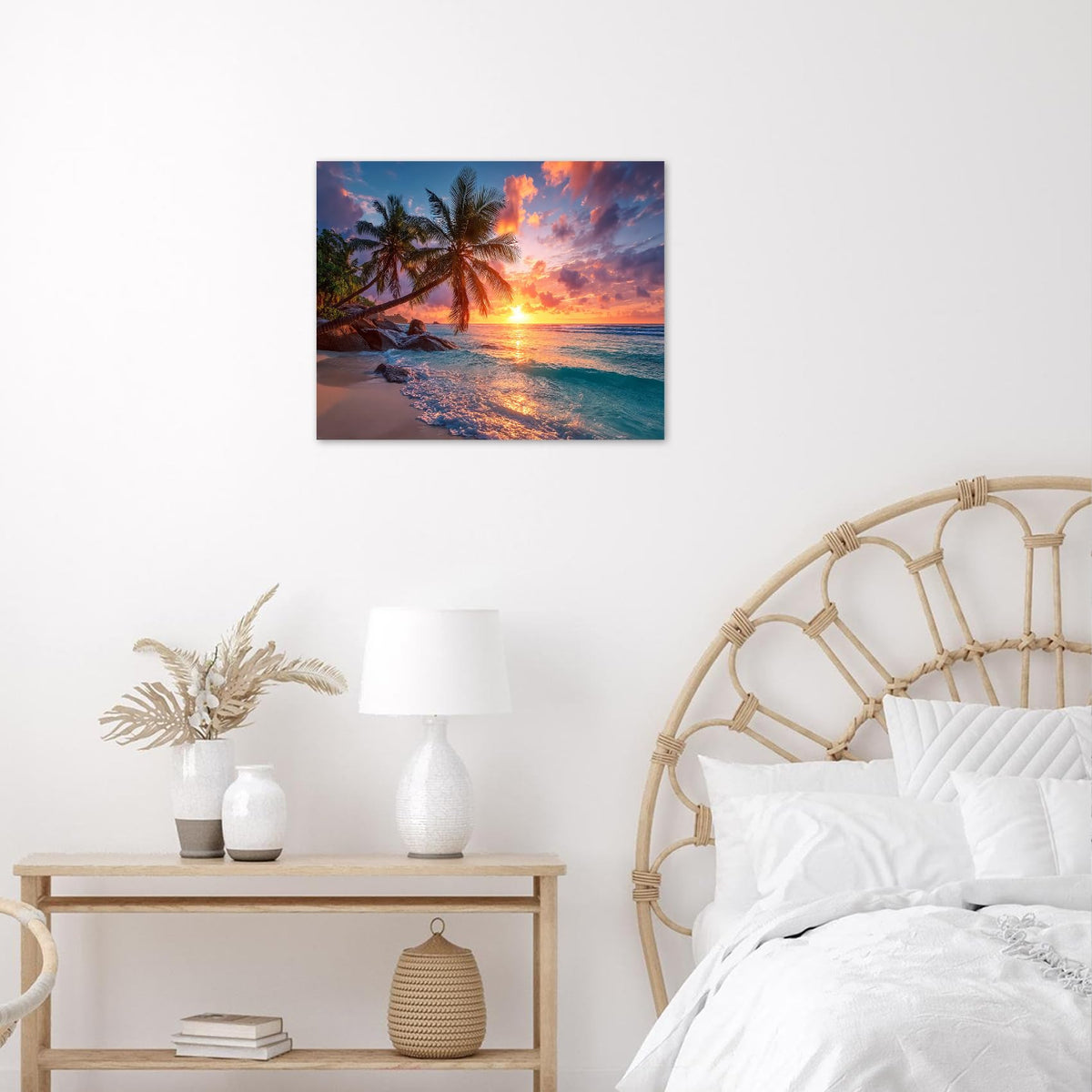 Tropical Beach Wall Art for Living Room Coastal Green Palm Tree Hawaiian Nature Canvas Wall Art Sunset Ocean Landscape Pictures for Bathroom Bedroom Office Wall Decor (Blue Orange / 16"L x 20"W)