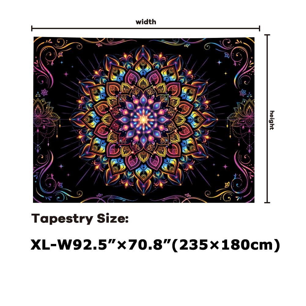 Blacklight Mandala Tapestry UV Reactive Psychedelic Neon Tapestry Hippie Indian Bohemian Wall Tapestries Aesthetic Floral Tapestries Wall Hanging for Bedroom (92.5"L x 70.8"W / Mandala)