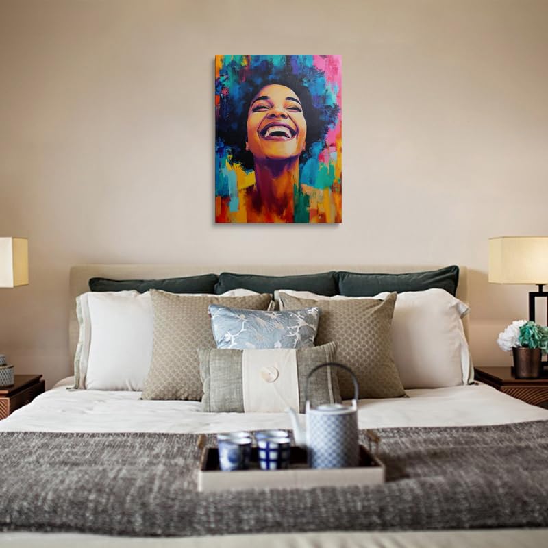 Joyful African American Women Wall Art Fashion Black Girl colorful Graffiti Portrait Canvas Pictures Poster for Living Room Bedroom Home Office Framed Inspirational Gift for Women 12"x16" (Black girl / 16"L x 12"W)
