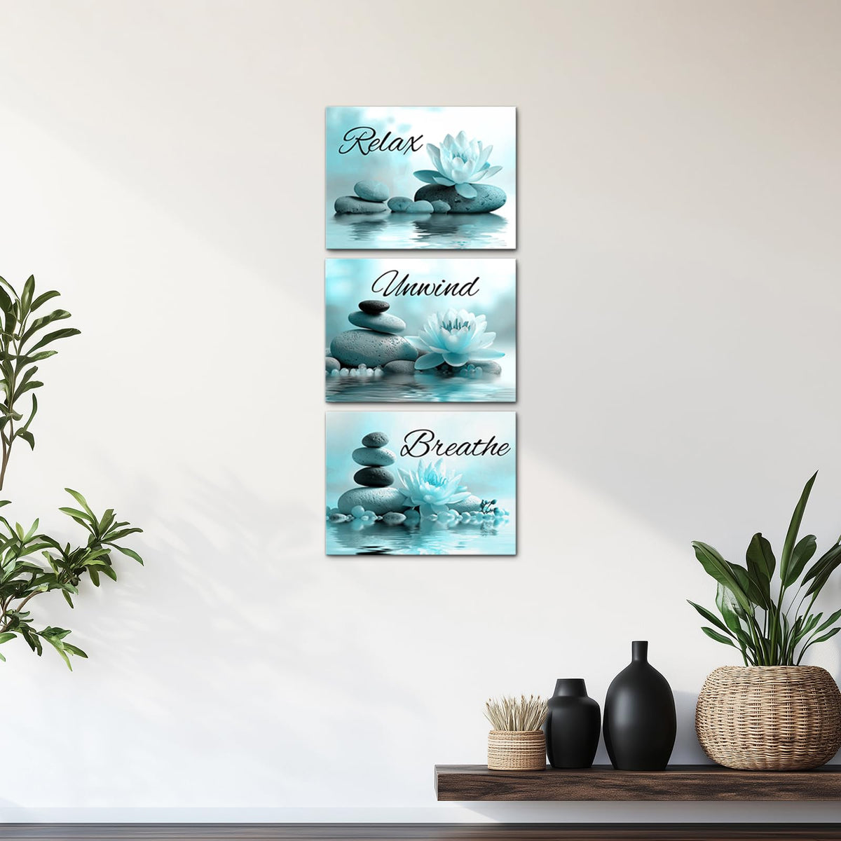 Zen Spa Wall Decor Teal Bathroom Art Pictures Set Relax Unwind Breathe Canvas Art with Lotus Flower Painting Prints Framed 12x16 inches each panel (Teal)