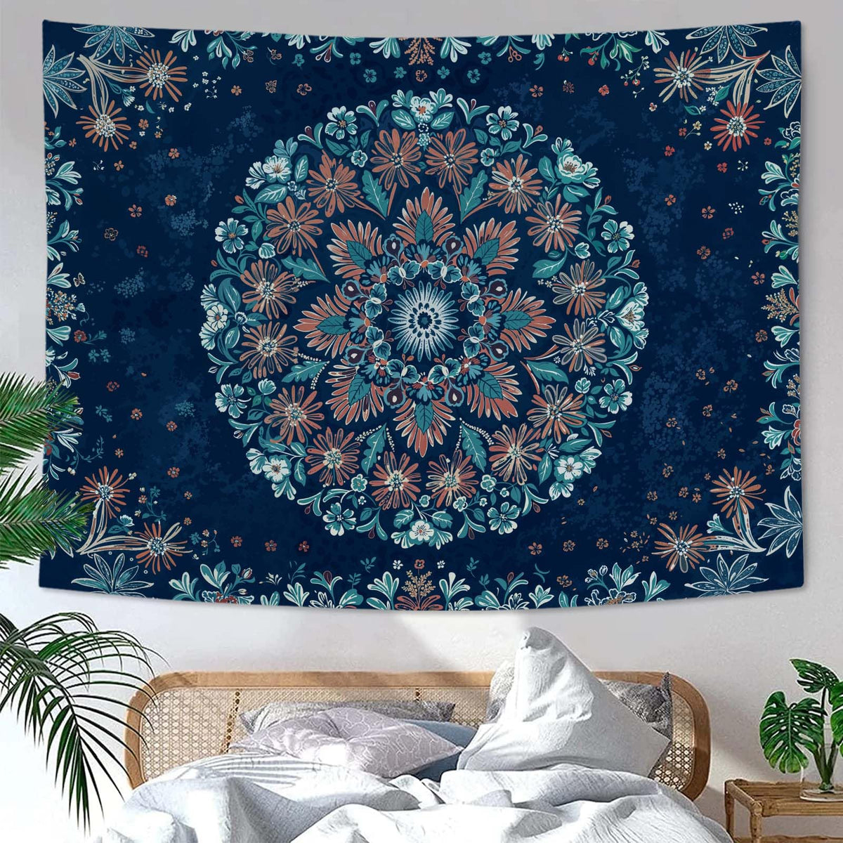 Boho Floral Mandala Tapestry Wall Hanging Blue Bohemian Flower Medallion Tapestry Aesthetic Vintage Navy Hippie Indian Small Tapestries for Bedroom Living Room Dorm Decor 48 x 36 Inch (Navy Blue / 48"L x 36"W)