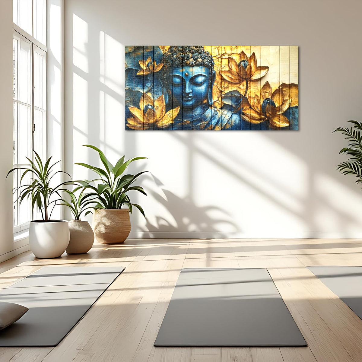 Vintage Buddha Wall Art Zen Lotus Flowers Canvas Ribbon Pictures Inspirational Wall Decor Handmade 3D Woven Textured for Buddhism Room Bathroom Bedroom Living Room Home Decor 20" x 40" (Gold / 40"L x 20"W)