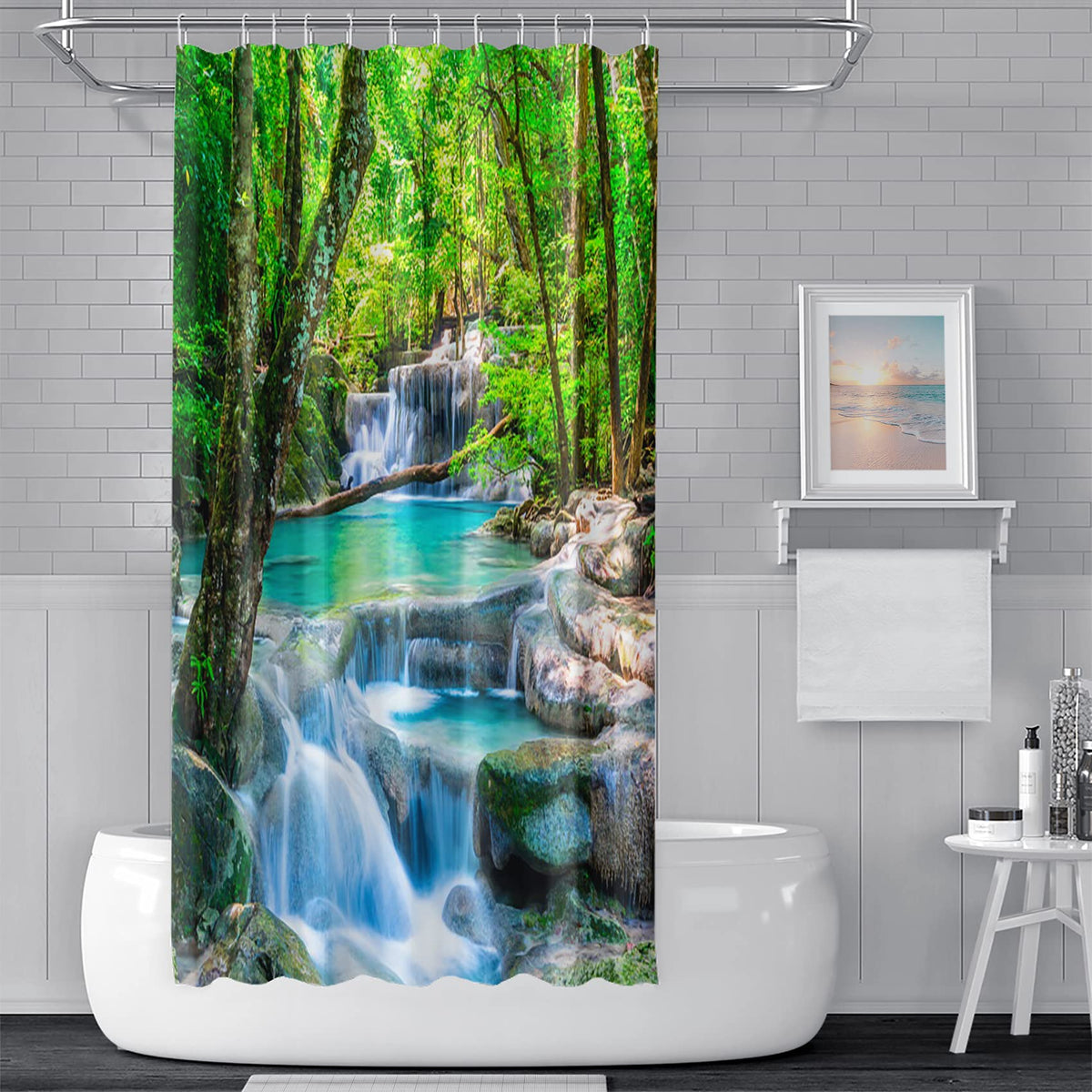 72x84inch Waterfall Shower Curtain Tropic Landscape Stream Flowing Over Rocks in Forest Woodland Nature Scenery Bathroom Set Spring Summer Green Plant Bath Curtain Fabric Polyester with Hooks (72"W x 84"L (Pack of 1) / Green04)