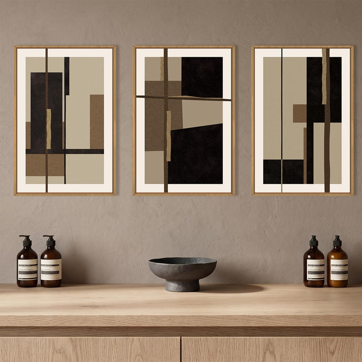 Abstract Black Brown Shapes Framed Canvas Wall Art Set (Black Shapes Wall Art / 16"L x 24"W)
