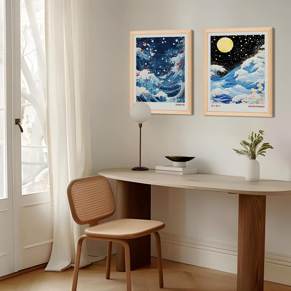Framed Japanese Great Wave Wall Art Sakura Ocean Ukiyo (Wood Frame Wave-2pcs / 16 X 24 Inches)
