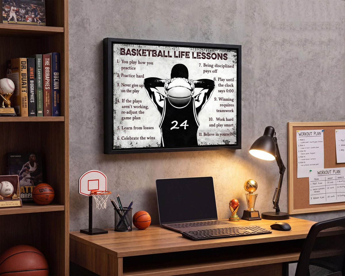 Black Framed Basketball Life Lessons Canvas Wall Art 24x36in (Basketball inspiration / 16"L x 12"W)