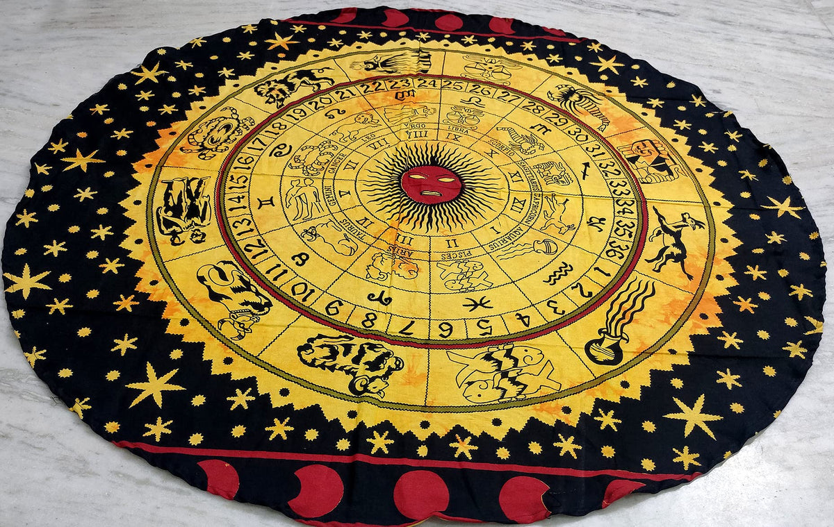 Round Beach Tapestry Turquoise Mandala Throw (5'8" (Round) / Yellow Black)